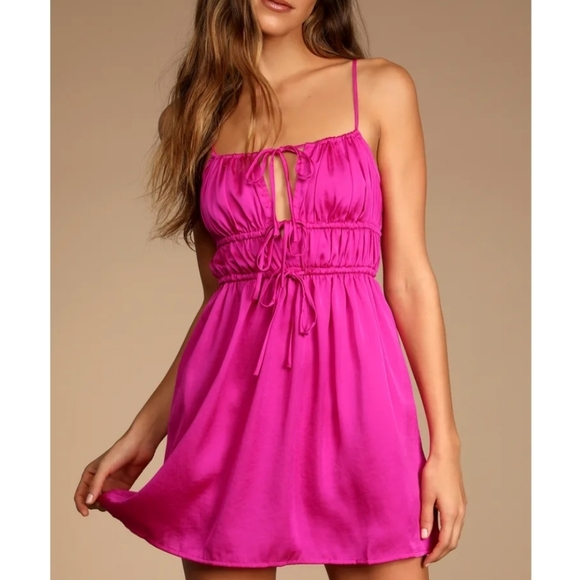 Free People Meant To Be Magenta Satin Tie-Front Mini Slip Dress ✨ Size XS - Picture 8 of 13